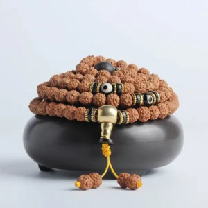 Mythstone 108 Mala Beads Rudraksha Bodhi Seed Dzi Bead Luck Wealth Bracelet