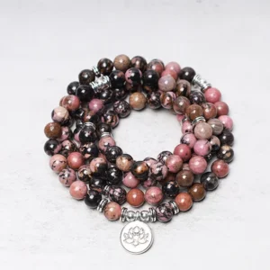 MythStone Rhodonite Lotus 108 Mala Beads Bracelet for Compassion Energy
