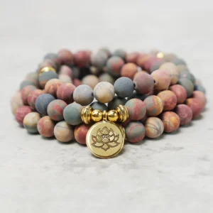MythStone – 108 Mala Beads Courage Energy Bracelet with Picasso Jasper