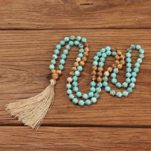 Mythstone 108 Mala Beads TurquoisePicture Jasper Wisdom Tassel Bracelet