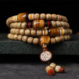 MythStone 108 Mala Beads Bracelet with Bodhi Seed, Tiger’s Eye, and Fu Character for Peace