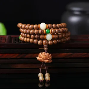 Mythstone 108 Mala Beads Peach Wood BodhiSeed Lotus Prayer Meditation Bracelet