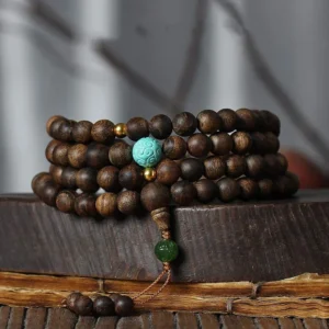 MythStone 108 Mala Beads Nha Trang Agarwood Turquoise Prayer Meditation Bracelet Mala