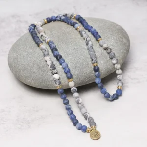MythStone 108 Natural Picasso Jasper & Blue Stone Mala Bracelet with Lotus Pendant